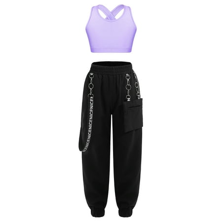 CHICTRY Kids Girls Street Dance Outfit Sleeveless Criss Cross Back Crop Top with Chain Pocket Pants Hip-Hop Dancewear Lavender 16
