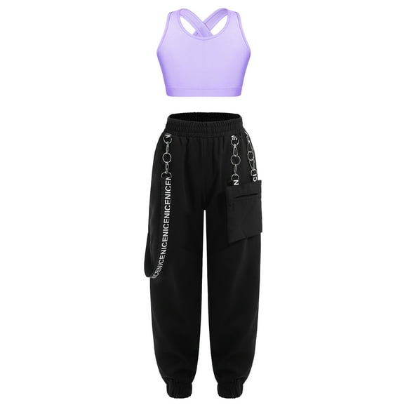Sinleey Kids Girls 2 Piece Hip Hop Dance Outfit Tie Self Crop Tops Yoga Shirts with Street Chain Pants Cargo Sweatpants Lavender A 10