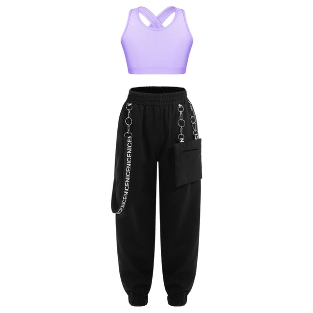 Kaerm Ensemble de Danse de Rue Jazz Hip Hop 2 Pcs pour Filles Crop Tops avec Pantalons Jogger Sans Manches Lavande 16