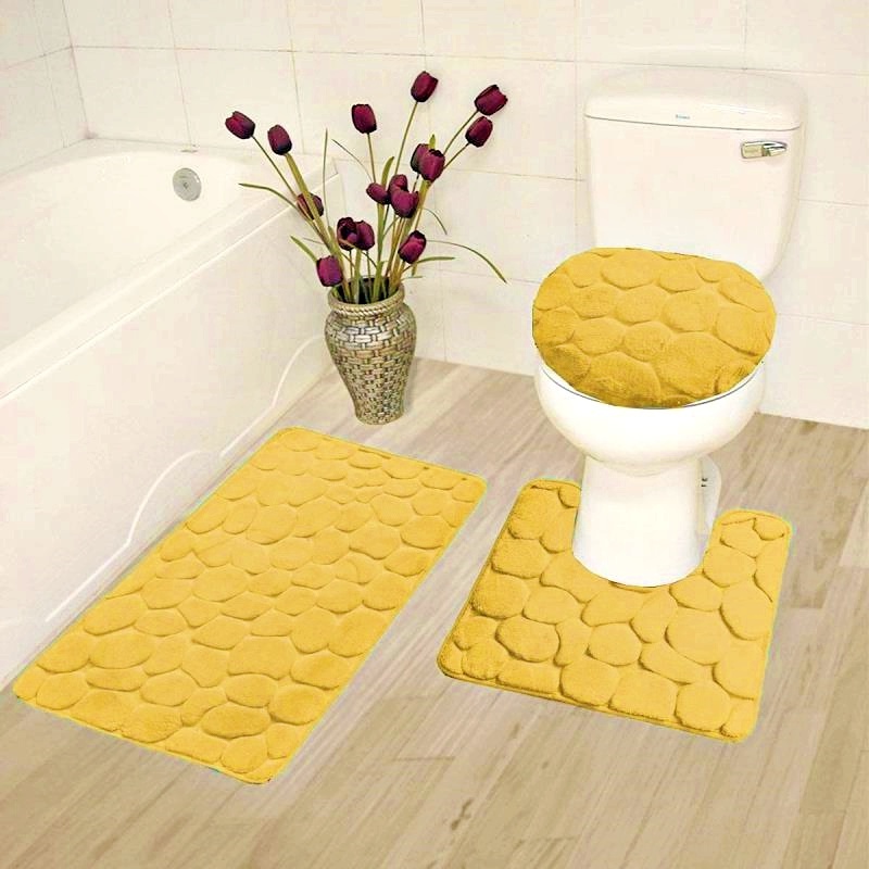 3pc Memory Foam Bathroom Rugs Mat Lid cover Set Rock Gold Desing