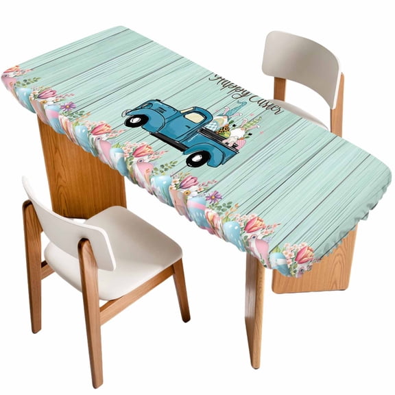 Truck Easter Table Cloths for 8 Foot Rectangle Tables, Spring Floral Eggs Gnomes Wooden Patio Waterproof Elastic Fitted Tablecloths, Washable Rectangular Table Cover for Camping