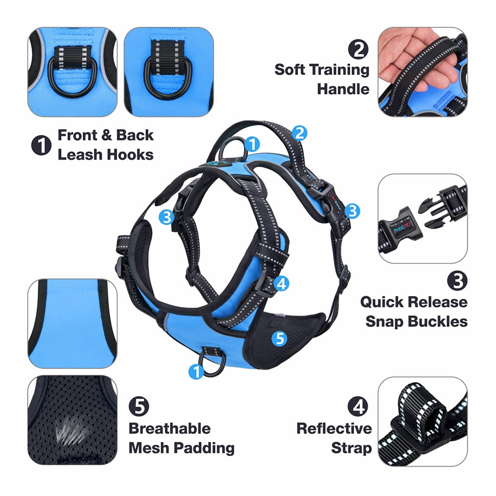 PHOEPET No Pull Dog Harness Medium Reflective Front Clip Vest with Handle, Adjustable 2 Metal Rings 2 Buckles,Blue