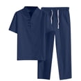 thumbnail image 2 of Bixock Plus Size Sweatsuit Outfits fot Men,2 Piece Set for Men Solid Color Linen Short Sleeve V Neck Button Shirt and Long Pants Summer Casual Vacation Set, 2 of 6