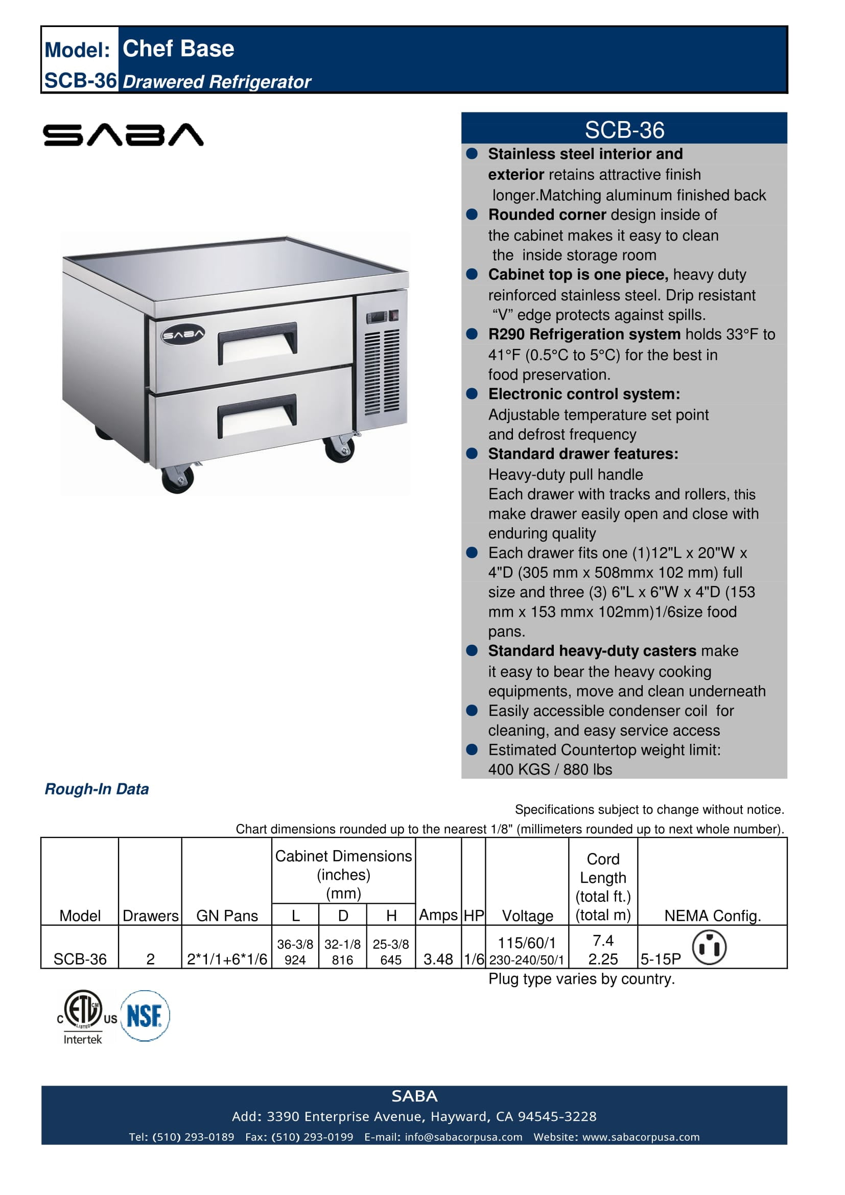 Heavy Duty Commercial 36" Chef Base 2 Drawer Refrigerator