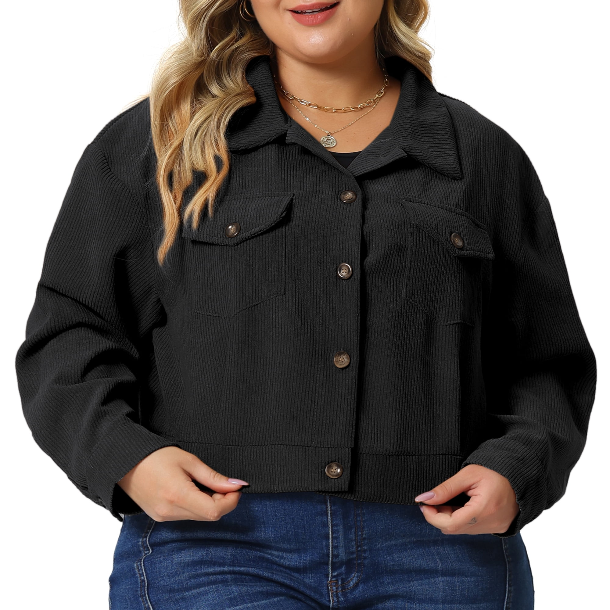 DARING DIVA Women's Plus Size Button Down Long Sleeve Shacket Jacket 2X Black