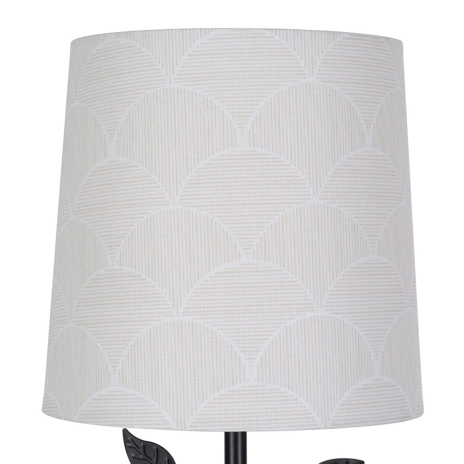 Home Trends 15.5" Matte Black Metal Table Lamp with Leaf Detail and Patterned Fabric Shade in Cream