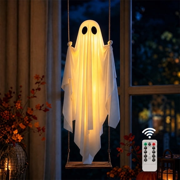 Linnome Solar Powered Swinging Ghost Halloween Decor, Waterproof Lighted Hanging Ghost Ornament, Indoor Outdoor Yard Porch Tree Hanging Fall Halloween Party Ornament(with Remote Control)