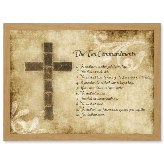 Ten 10 Commandments Cross Christian Religious Quote Typography A4 Artwork Framed Wall Art Print