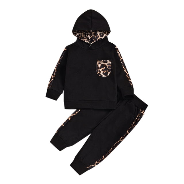 Gibobby Conjunto 2PCS para bebé niña Niños pequeños, bebés, niñas, camisetas de manga larga, sudadera, pantalones con estampado de leopardo, conjunto de 2 uds.(Negro, 2-3 Años)