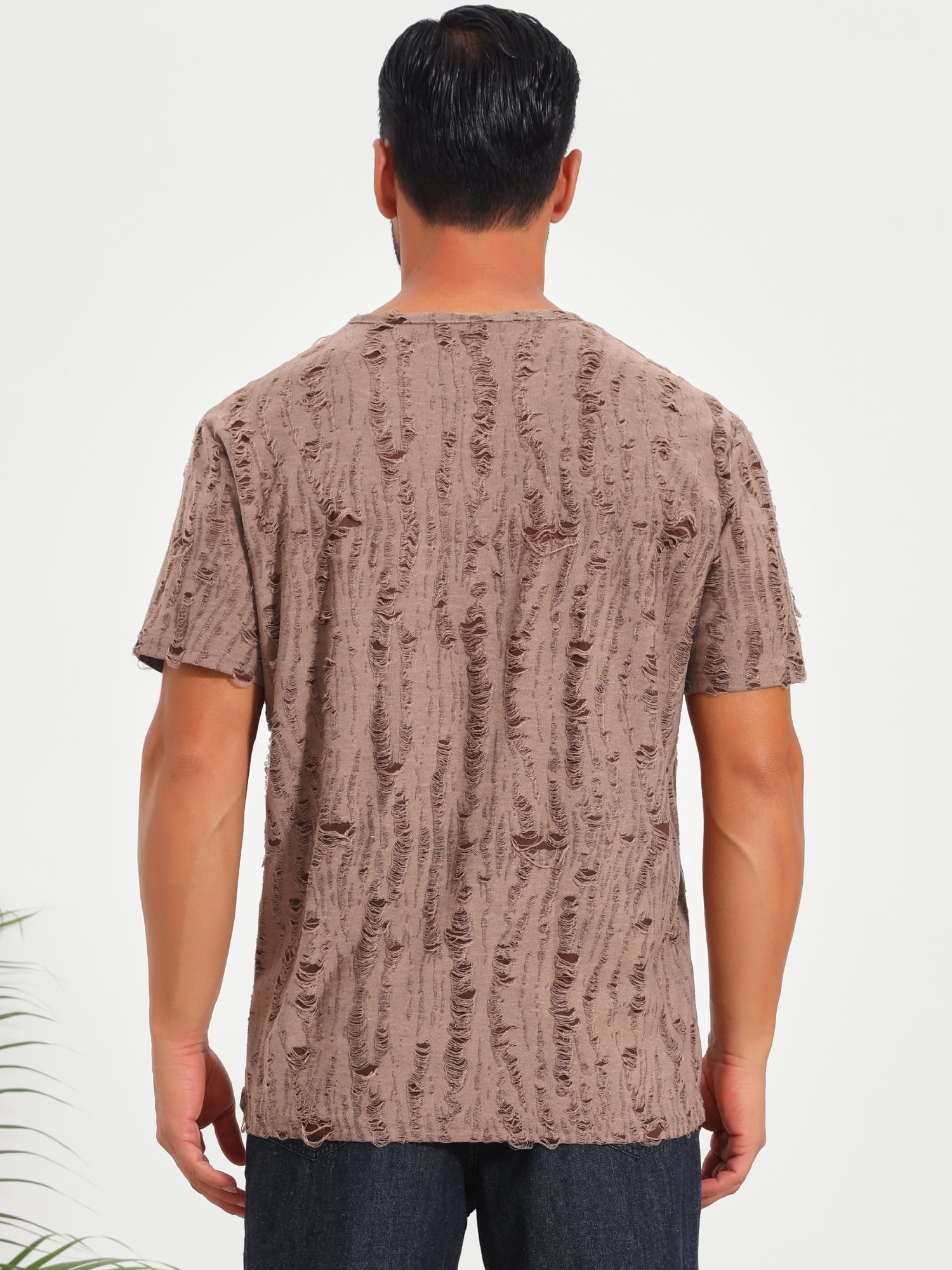 DARING DIVA Men's Ripped Henley Retro Short Sleeve Button Down T-Shirt L Brown