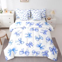 Feelyou Cartoon Cute Bow Bedding Comforter Set 7-Piece for Kid, Princess Ribbon King Bedding Sets, Kawaii Blue Bowknot Reversible Bed Sheets, Luxury Bedroom Decor