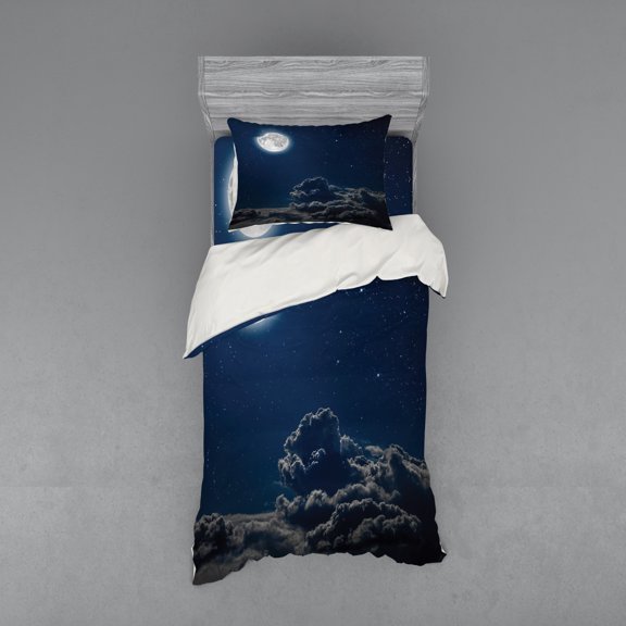 Ambesonne Galaxy Bedding Set 3 Pcs, Moon and Stars, Twin, Grey Dark Blue