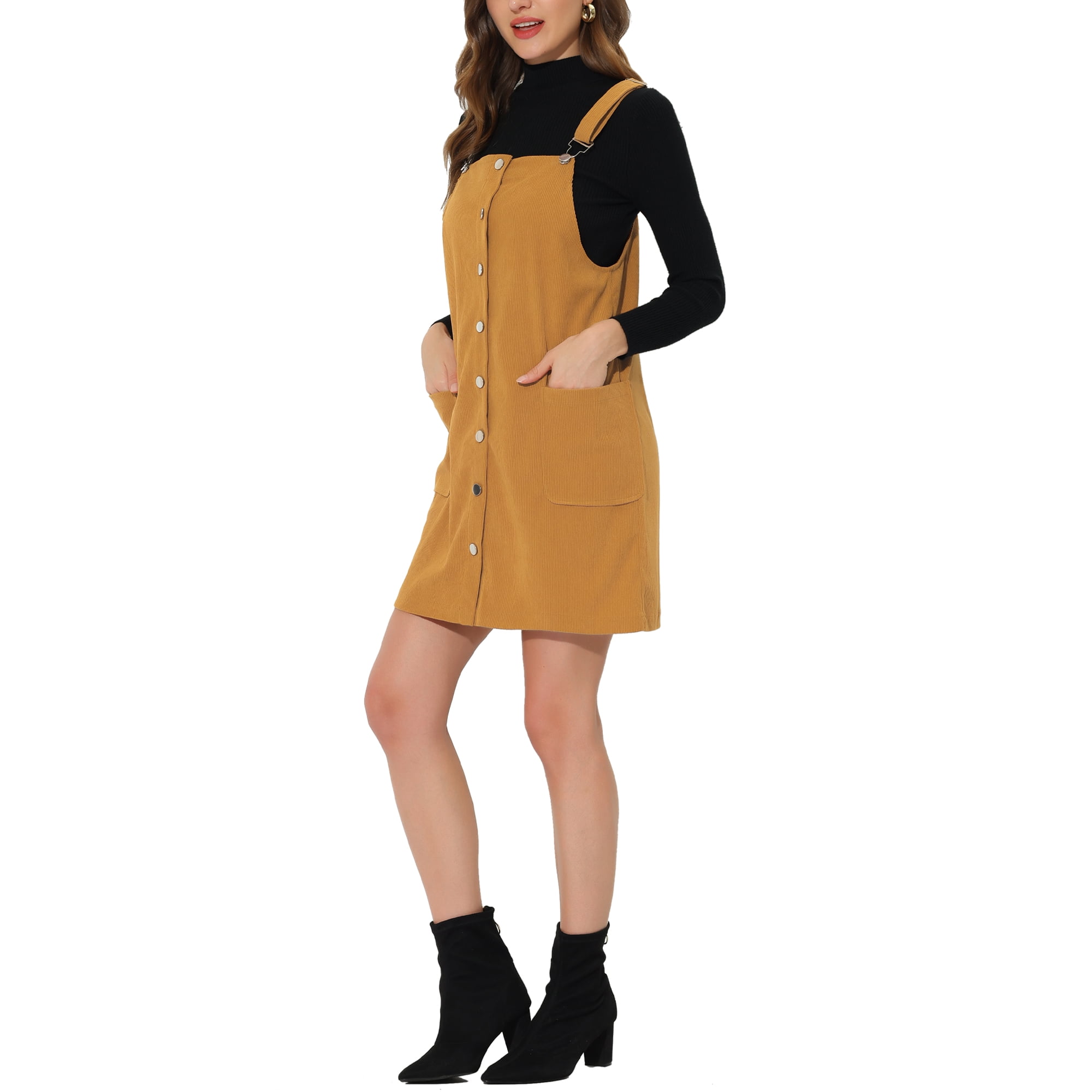 Robe D'été Maxi Pour Femme - En Velours Côtelé - Mini Robe Réglable - Robe à Bretelles Boutonnées - Robe D'hiver Avec Poches - Élégante Robe Unie En Velours Côtelé - Robe