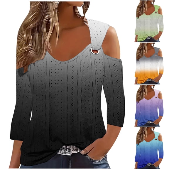 Jsaierl 3/4 Sleeve Womens Cold Shoulder Tops Summer V Neck Shirts Boho Graphic Ladies Hollow Out Blouses Going Out Elegant Tunic Top S-5XL