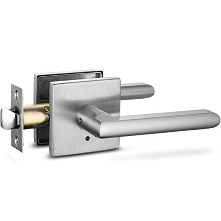 Berlin Modisch Privacy Lever Door Handle Slim Square Easy to Open Locking Lever Set [for Bedroom or Bathroom] Reversible for Right & Left Sided Doors Heavy Duty - Satin Nickel Finish