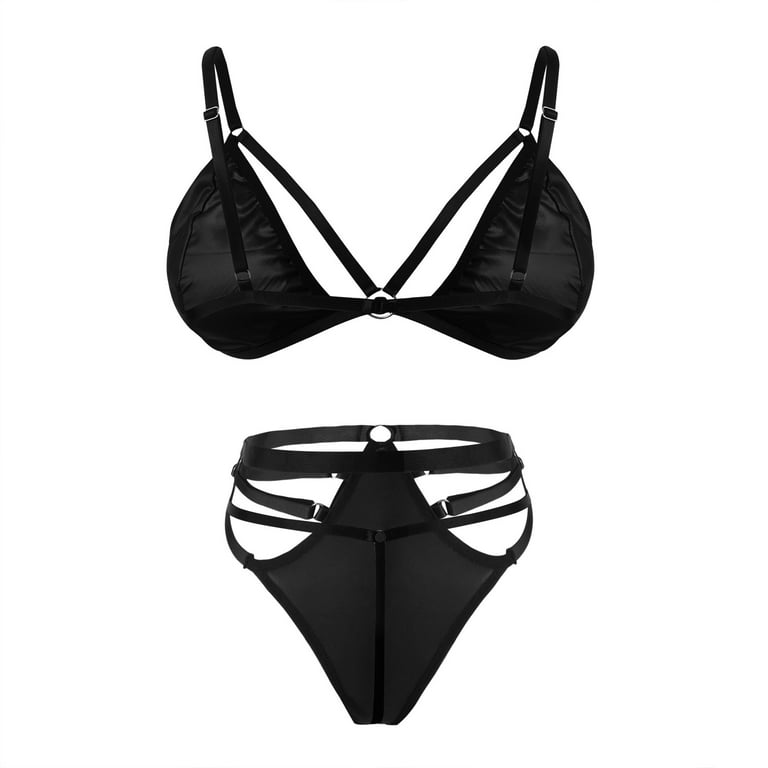 Lolmot Women Sexy Leather Lingerie Set 2 Pieces Ring Linked Cut Out Strappy  Bra Top and Panty Set Babydoll Pajamas Underwear on Clearance