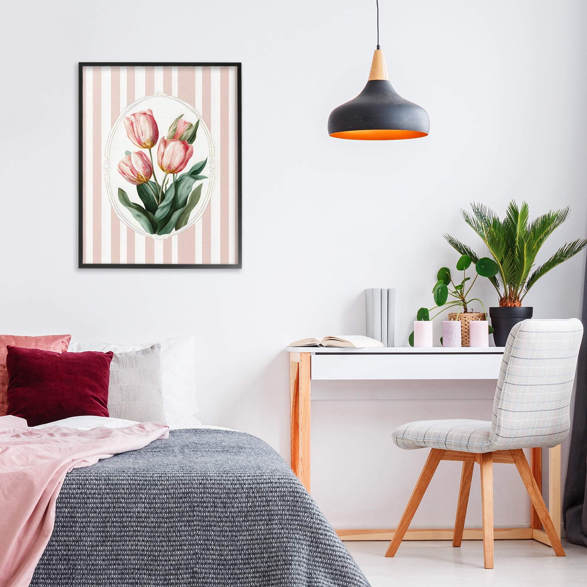 Stupell Industries Vintage Tulips on Stripes Black Framed Giclee Art, design by Ink Drop Loft
