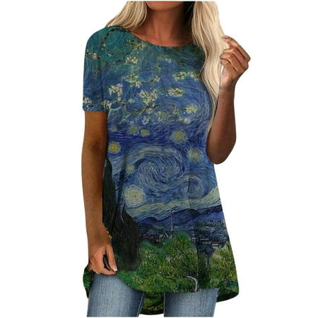 

summer tops for women Women s O-Neck Loose Tops Casual Print T-Shirts Short Sleeve Blouse Maternity Blouses Blue XXL