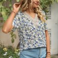 thumbnail image 3 of Bienvenido Blusa de encaje con cuello en V Blusa de guipur de ajuste casual de gasa de manga corta estampada Top para mujeres Citas Fondo blanco Floral azul S, 3 of 6