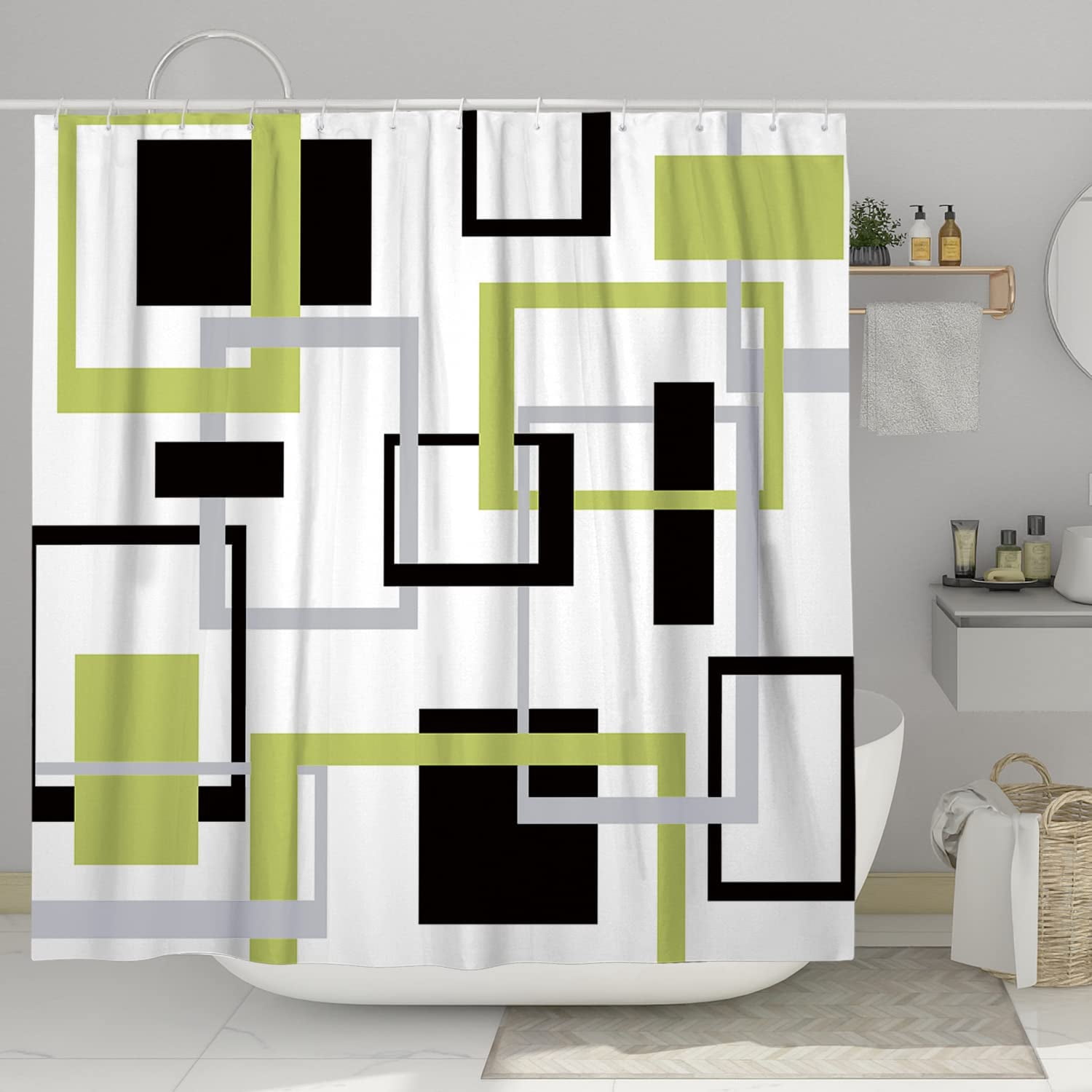 Green Black Geometric Shower Curtain Set Neutral Abstract Shower Curtains for Bathroom Modern Bathroom Decor Polyester Fabric-72" x 72"