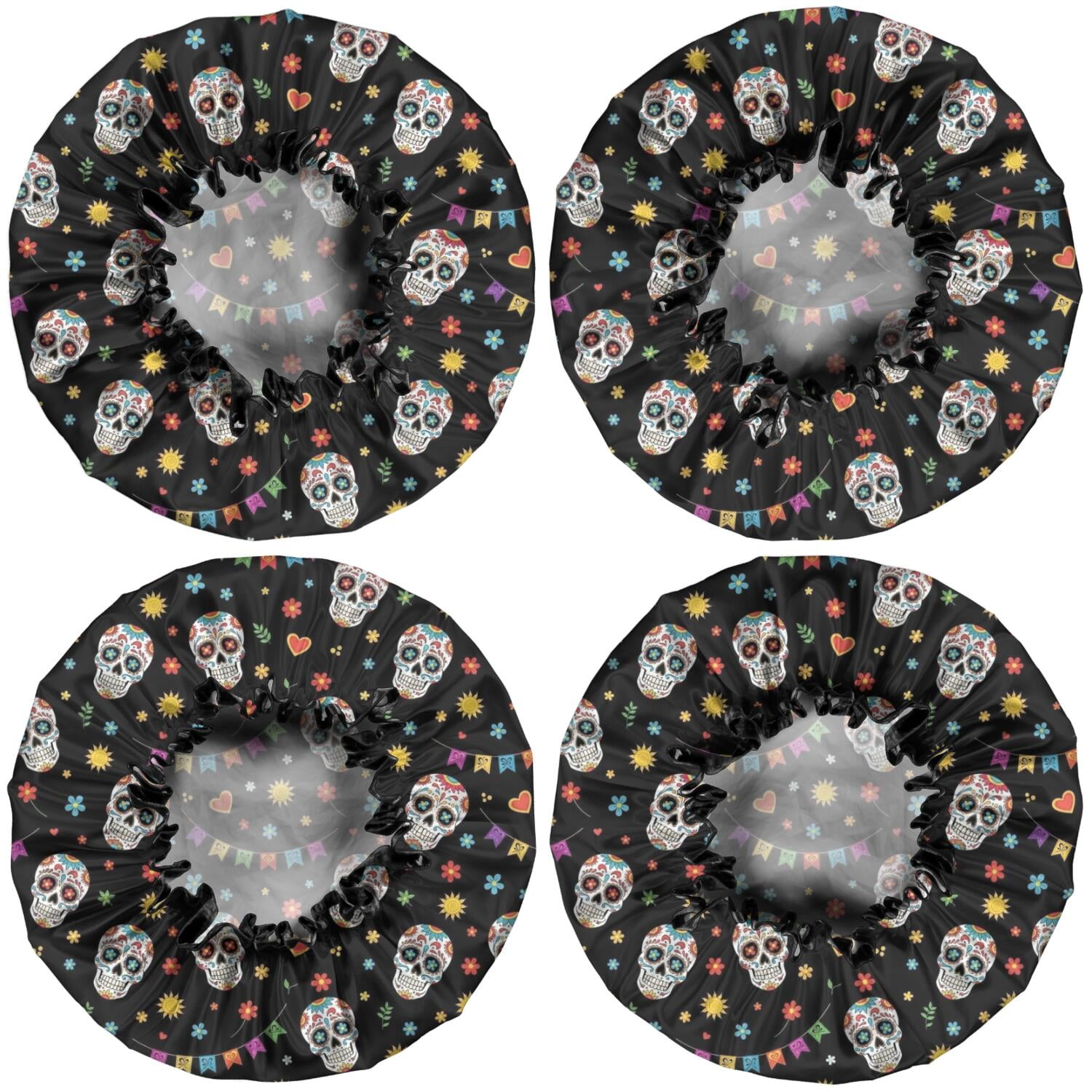 Shower Caps,Black Festive Skull Pattern Waterproof Shower Cap for Women 4 Pieces,Double Reusable Hair Cover for Shower PEVA Elastic Stretch Hem