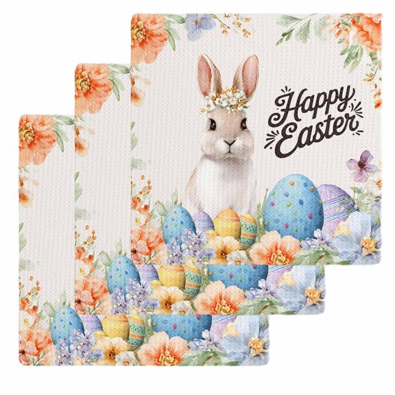 Happy Easter Kitchen Dish Towels for Drying Dishes Set of 3, Spring Watercolor Bunny Eggs Flowers Beige Waffle Weave Microfiber Hand Tea Bathroom Towels Quick Dry & Absorbent Towel 12x12