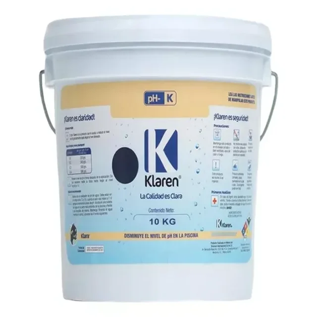 reductor de ph klaren 10 kg para piscina Cubeta frontal de 10 kg con etiqueta KLAREN y logo 'K'; producto para disminuir el pH del agua de alberca, tapa blanca y asa metálica, instrucciones y símbolos impresos visibles; también suele emplearse para ajustar pH antes de la desinfección.