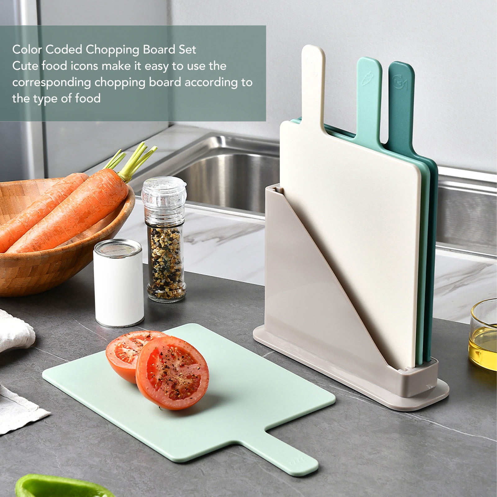 YAHHU 4PCS Plastic Cutting Boards Set Color Coded Chopping Boards with Storage Stand Reversible Paddle Shape for Home Kitchen Restaurant, 9.3x7.9 inches / 23.5x20 cm