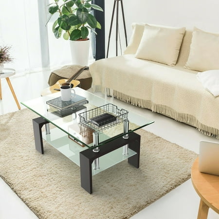 Costway Rectangular Wood Tempered Glass Top Coffee Table w/ Storage ...