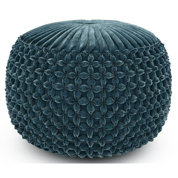 Pemberly Row Contemporary Boho Round Pouf in Teal Velvet Fabric