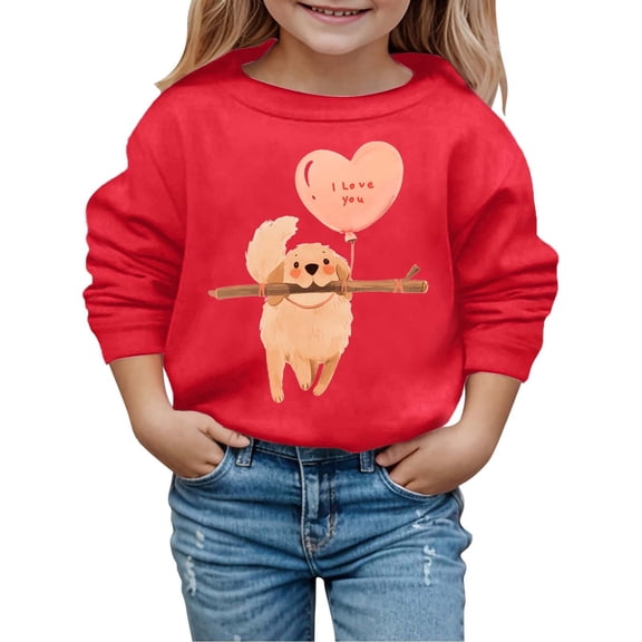 Byoo Valentine's Day Toddler Girls Sweatshirts Cute Puppy Print Crew Neck Long Sleeved Comfy Pullovers Top Outdoor Kids Cloth