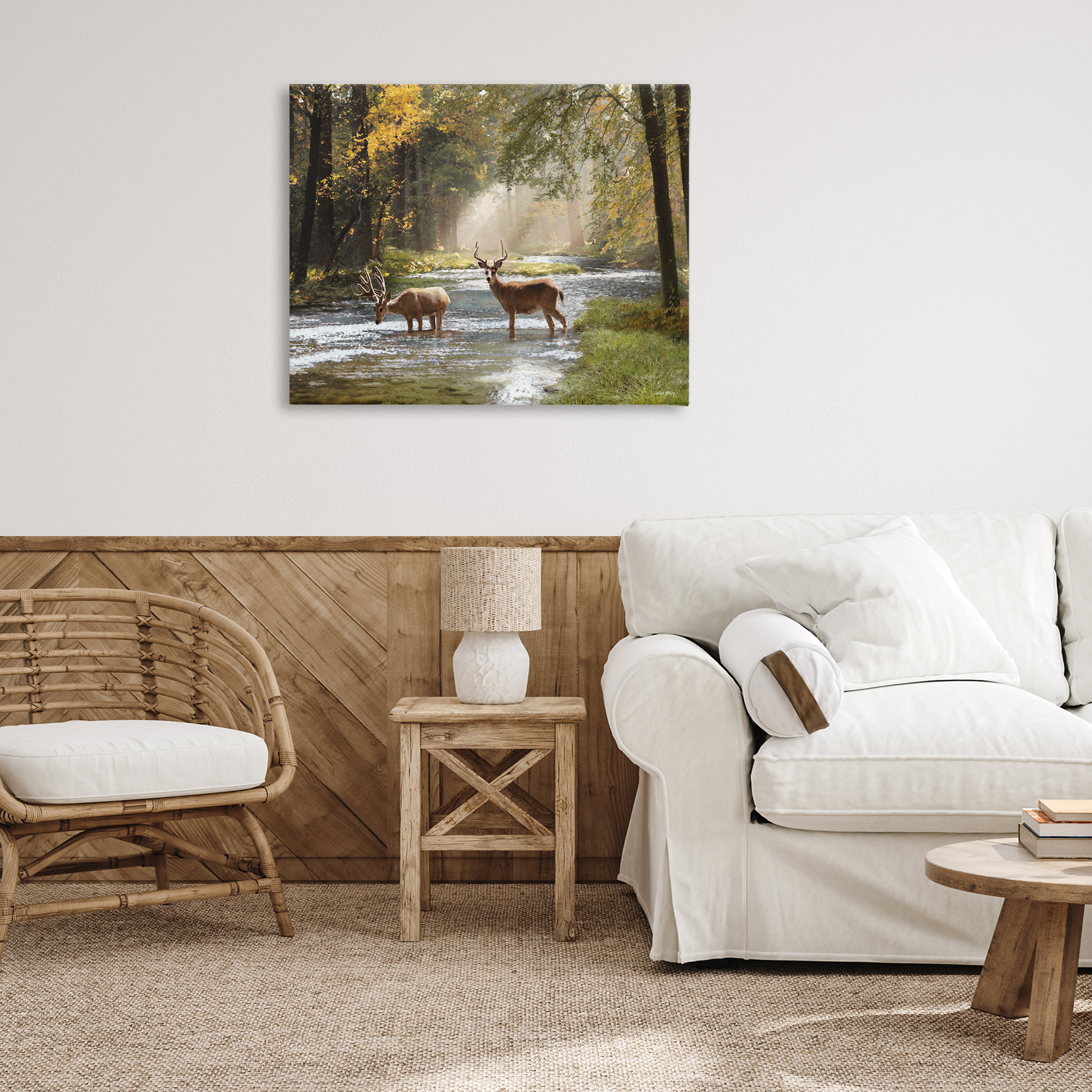 Stupell Industries Deer Grazing in Creek Landscape Painting Gallery Wrapped Canvas Art Print Wall Art, 40 x 30