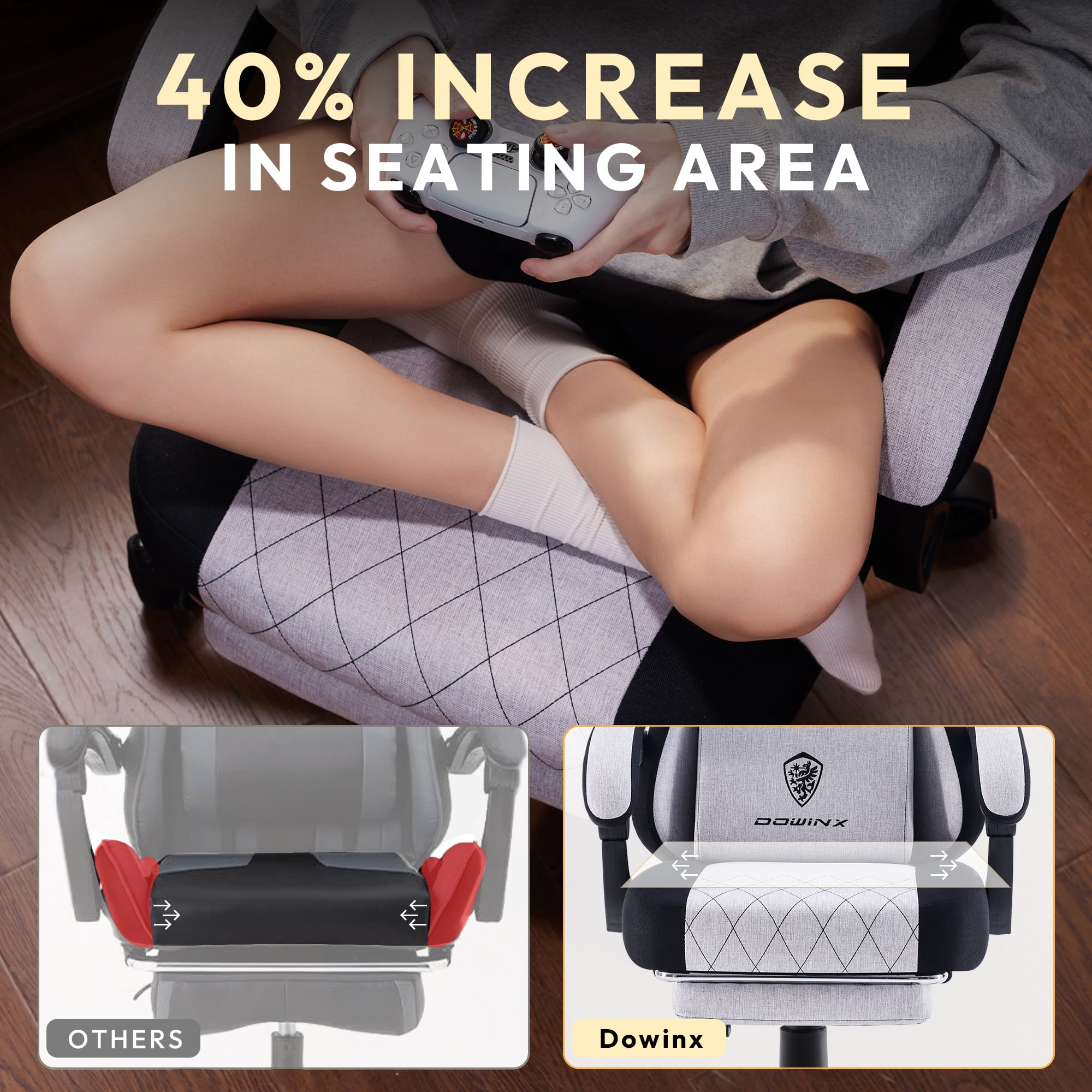 Dowinx Fabric Gaming Chair with Massage Lumbar Support, High Back Ergonomic Computer Chair with Footrest for Adult, Grey