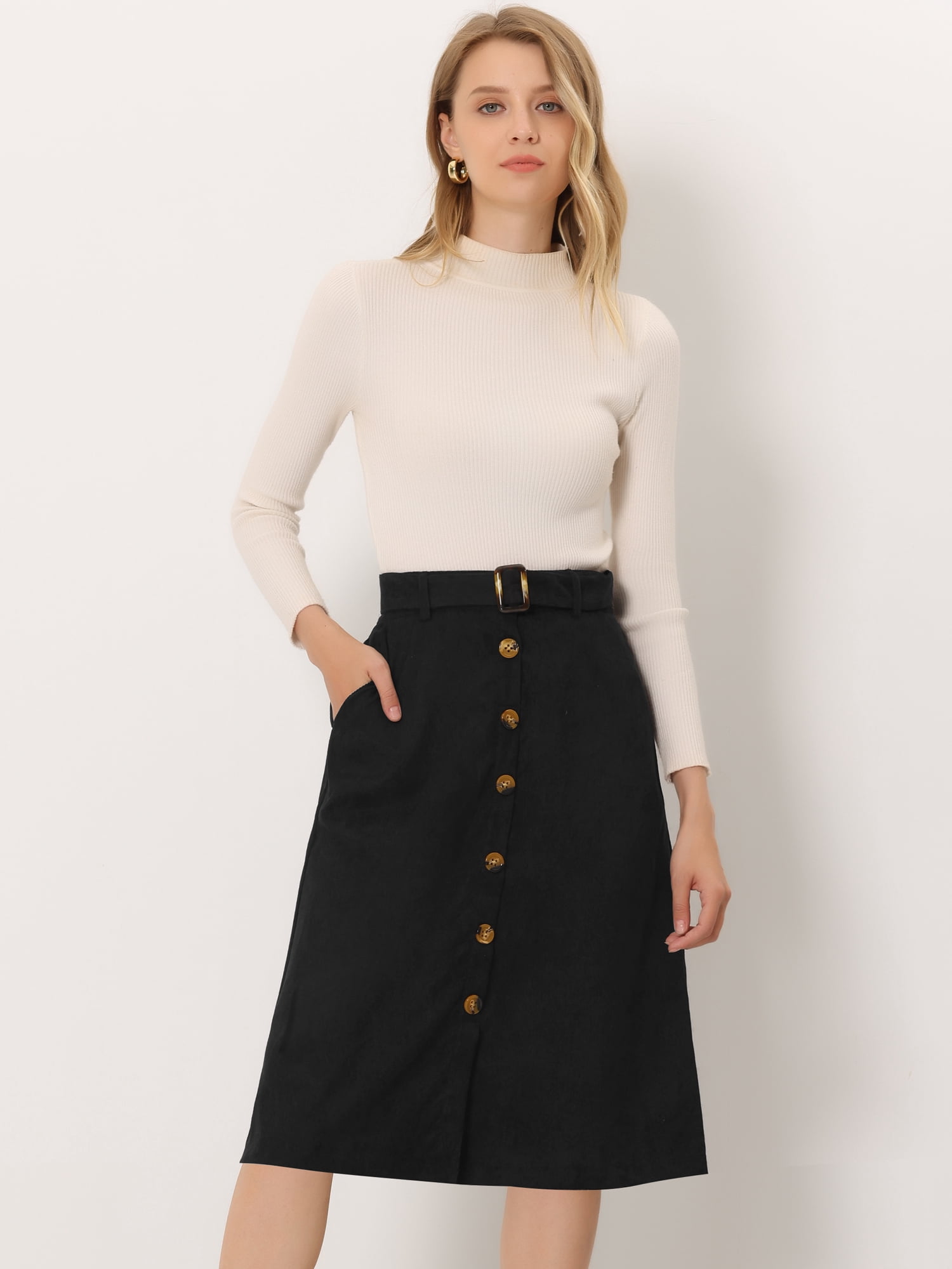 DARING DIVA Women's A-Line Button Front Belted Midi Skirts 2XL Black