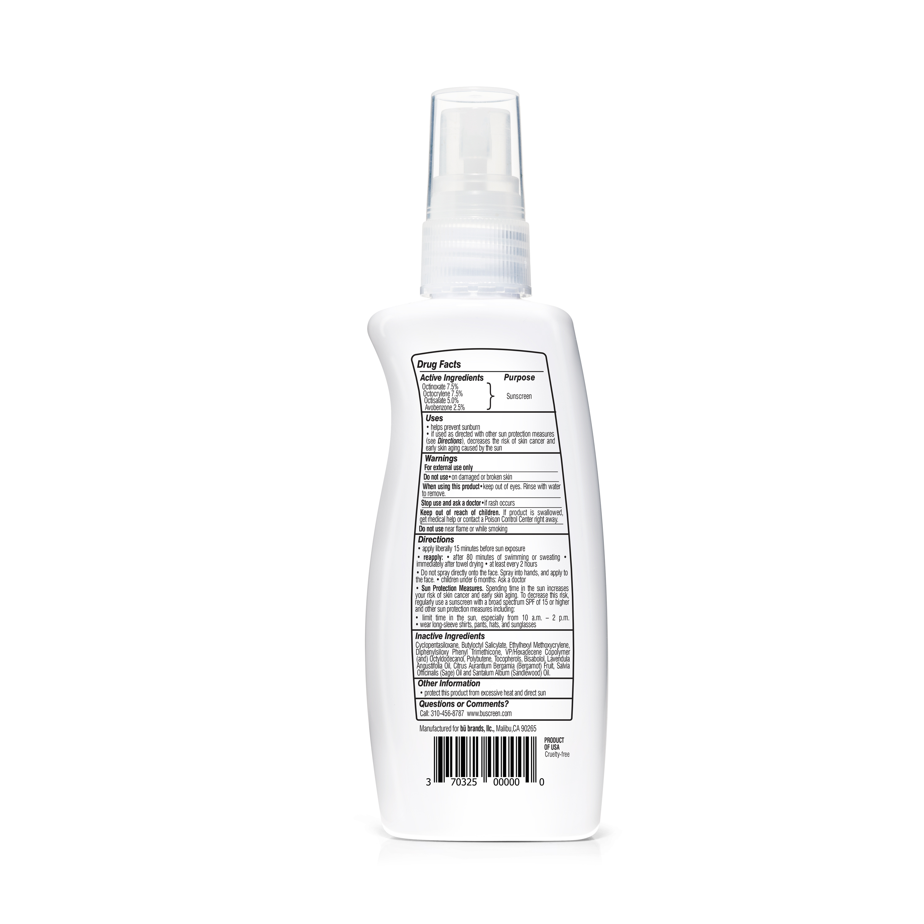 Bu SPF 30 Ultrafine WOWmist Sunscreen Spray- Clear, Non-greasy Travel, Sport - White Sage 3.3oz