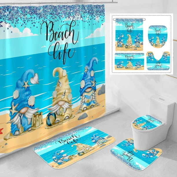 Juego de 4 gnomos de verano con alfombras antideslizantes, tapa de inodoro y alfombrilla de baño, juego de decoración de baño de océano azul con cortina de ducha y alfombras (ganchos no incluidos)