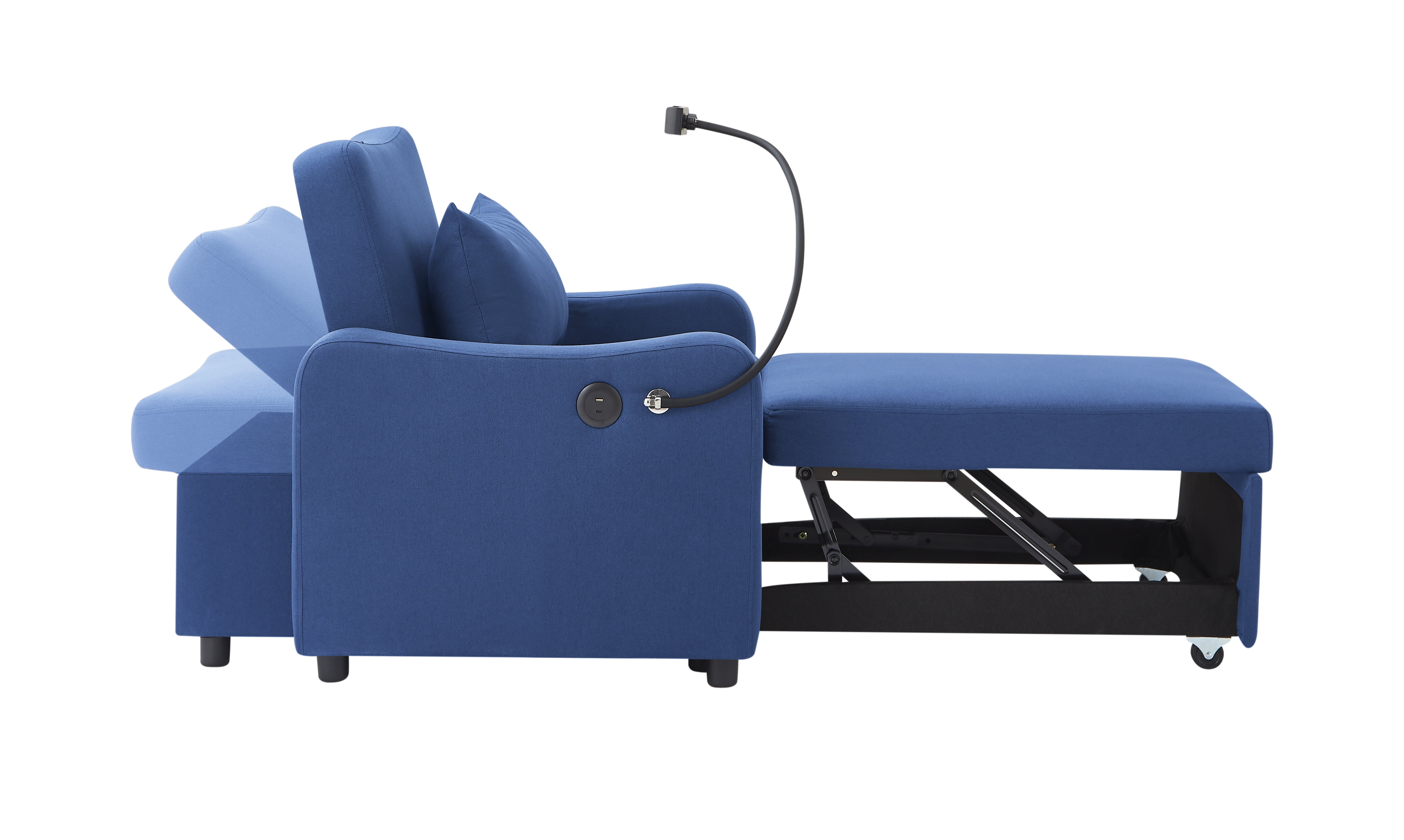 Leumius Convertible Sleeper Sofa Chair Bed,3 in 1 Linen Single Sofa with USB Port and Phone Holder,Pull Out Couch Recliner with Adjustable Backrest for Living Room, Office, Small Place,Dark Blue
