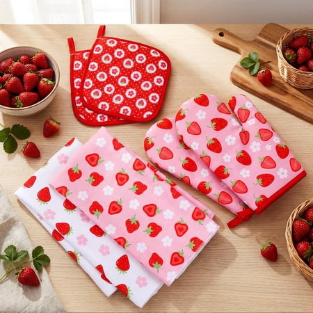 YILOSF-6 Pcs Strawberry Kitchen Decor Accessories Include 2 Strawberry Towels 2 Pink Pot Holder 2 Cute Oven Mitt for Kitchen Bathroom Decor Baking Cooking Housewarming Gift