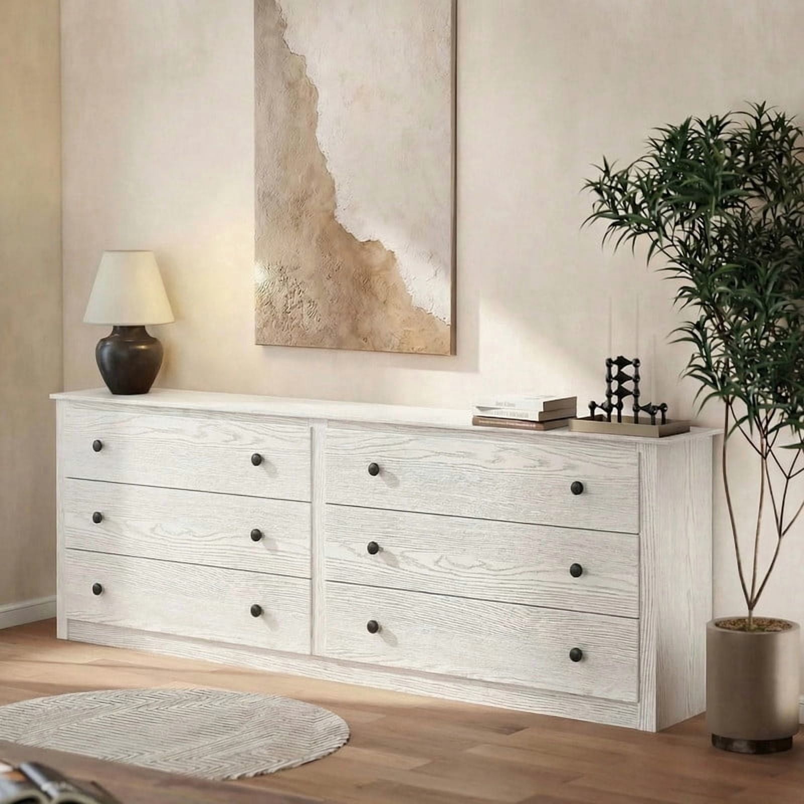 Kelno Wood 6 Drawer Dresser Chest of Drawers TV Stand with Organizer Cabinet, White