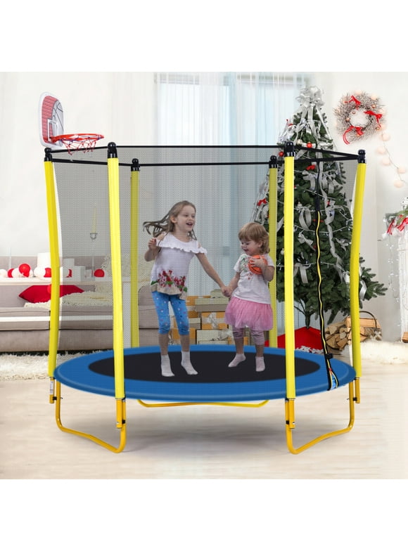 5.5FT Trampoline for Kids,65" Outdoor & Indoor Mini Toddler Trampoline with Enclosure, Basketball Hoop and Ball Included,Recreational Trampoline for Toddler Age 1-6