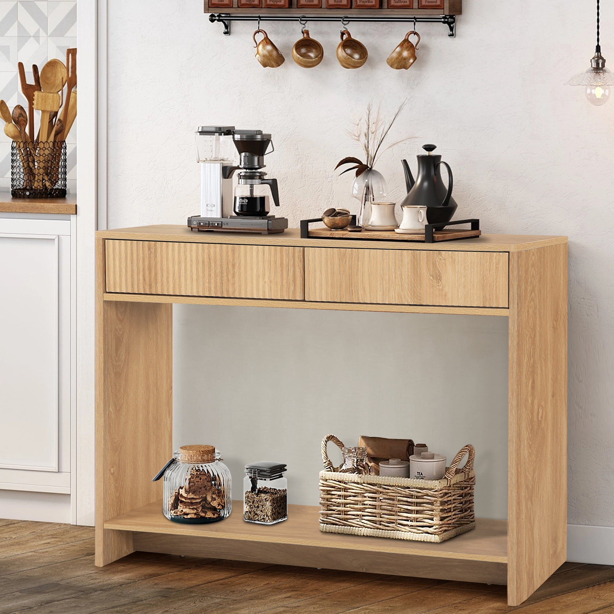 Wirrytor Narrow Console Table with Drawers and Storage Shelf, Modern Sofa Table for Living Room Entryway, Space-Saving Hallway Table Behind Couch with Solid Wood Legs