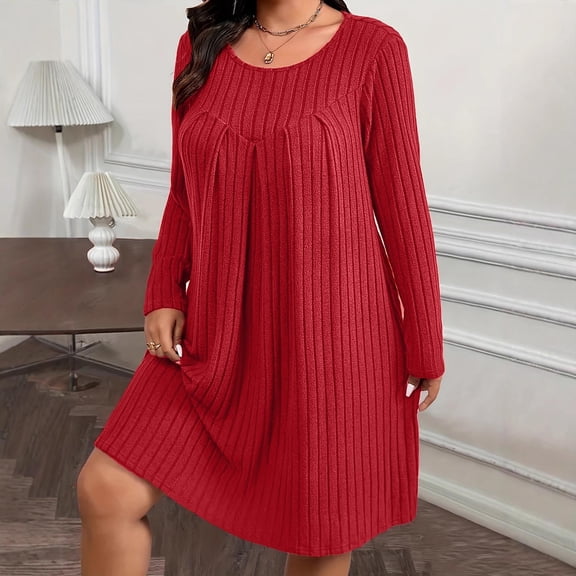 Gamivast Casual Dresses for Women Long Sleeve Round Neck Ribbed Tunic Dress Soft Shift Dress Pleated Front Loose Fit Knee Length Work Church Office Daily