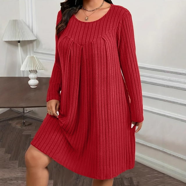 Fznquz Robe à Manches Longues Grande Taille pour Femmes, Printemps, Rouge, Tricotée, Ligne A, Ample, Col Ras du Cou, Robe de Nuit Unie pour Femmes
