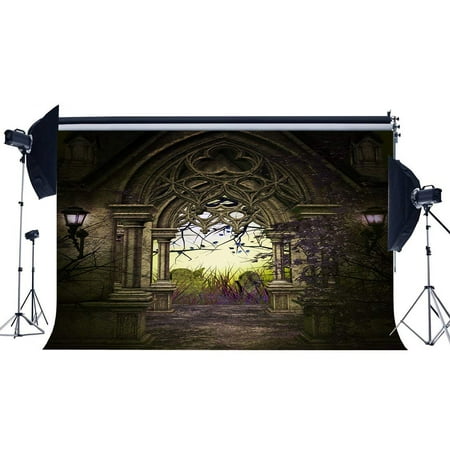 Image of ABPHOTO Polyester 7x5ft Gothic Backdrop Old Castle Garden Arch Door Lantern Tree Gloomy Scary Night View Happy Halloween Party Photography Background Kids Adults Masquerade Photo Studio Props