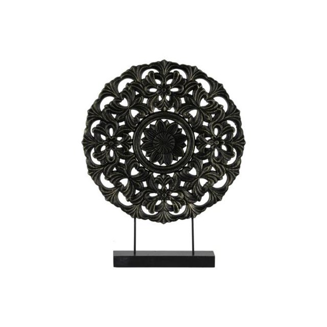 Ornement de Roue Floral Rond en Bois sur Support Rectangulaire en Finition LG Mate, Noir