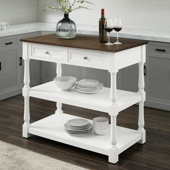 Kitchen Island Wood Top - Storage Island Cart, White/Dark Brown, 42" Wide, Transitional Design
