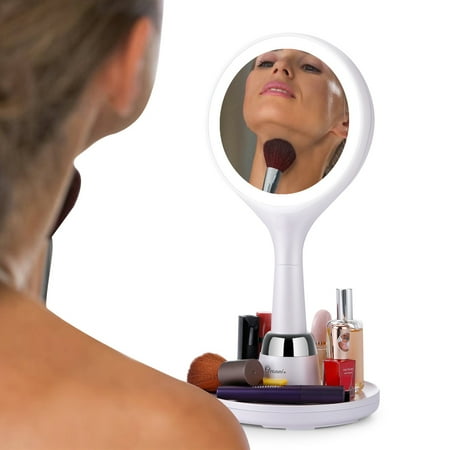 Vanity Mirror Storage Ovonni Double-Sided LED Lighted Makeup Mirror, 1x/7x Magnification, 3 Light Colors Adjustable, Touch Activated Vanity Mirror, USB Rechargeable, Bed Lamp with Storage Charging Base, Pearl Pink ()