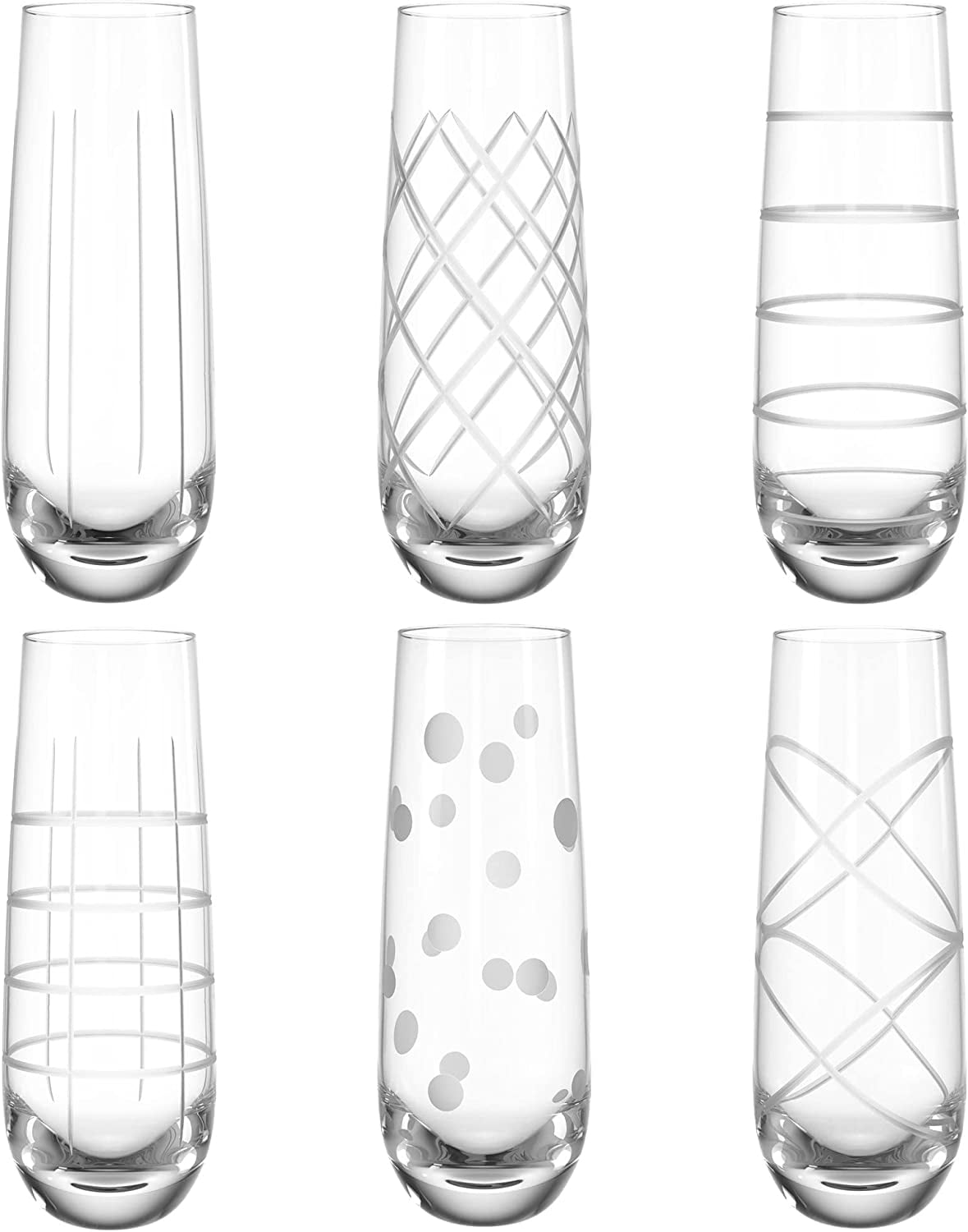 Fifth Avenue Crystal Medallion Stemless Champagne Flutes, Durable Glass, Mimosa, Cocktail