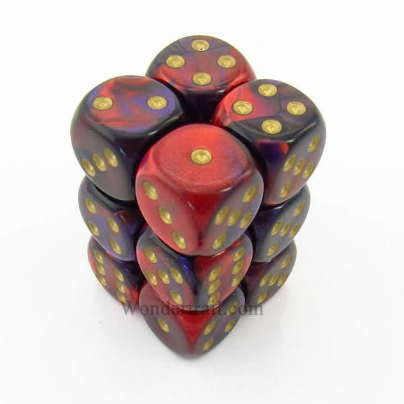Purple and Red Gemini Dice with Gold Pips D6 16mm (5/8in) Pack of 12 Chessex