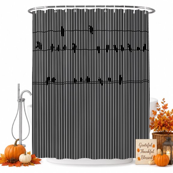 Black Striped Shower Curtain, Waterproof Shower Curtains for Bathroom, Birds Stripes Farmhouse Washable Fabric Bathtub Curtain Set Bath Decor with 12 Hooks 72"x78"